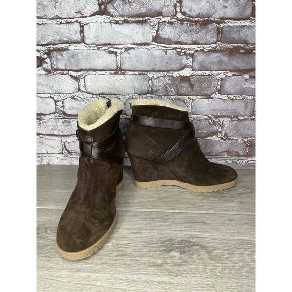 Aquatalia Brown Suede Faux Fur Strap Ankle Wedge Booties Women’s Sz 10M US/41EU - Picture 16 of 16
